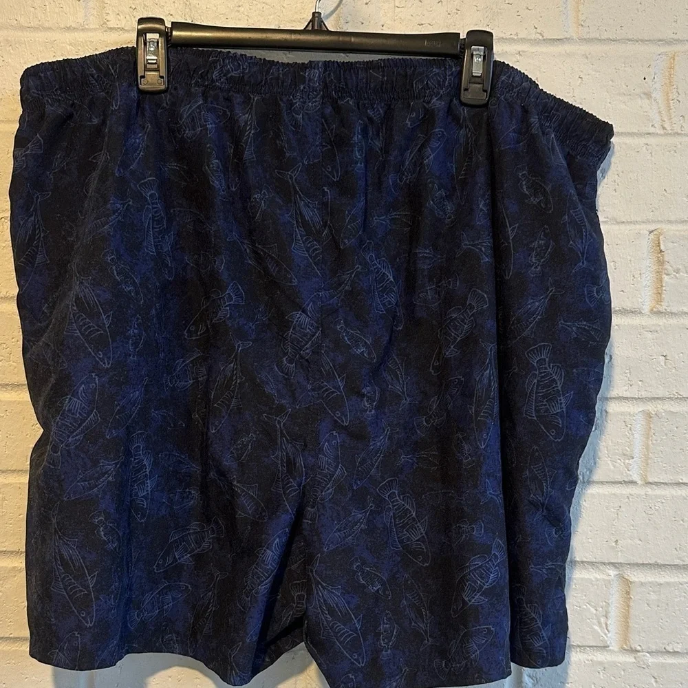 Trader Bay Blue Swim Trunks Pale Blue Fish Print Elastic Drawcord Waist 2XL NWOT